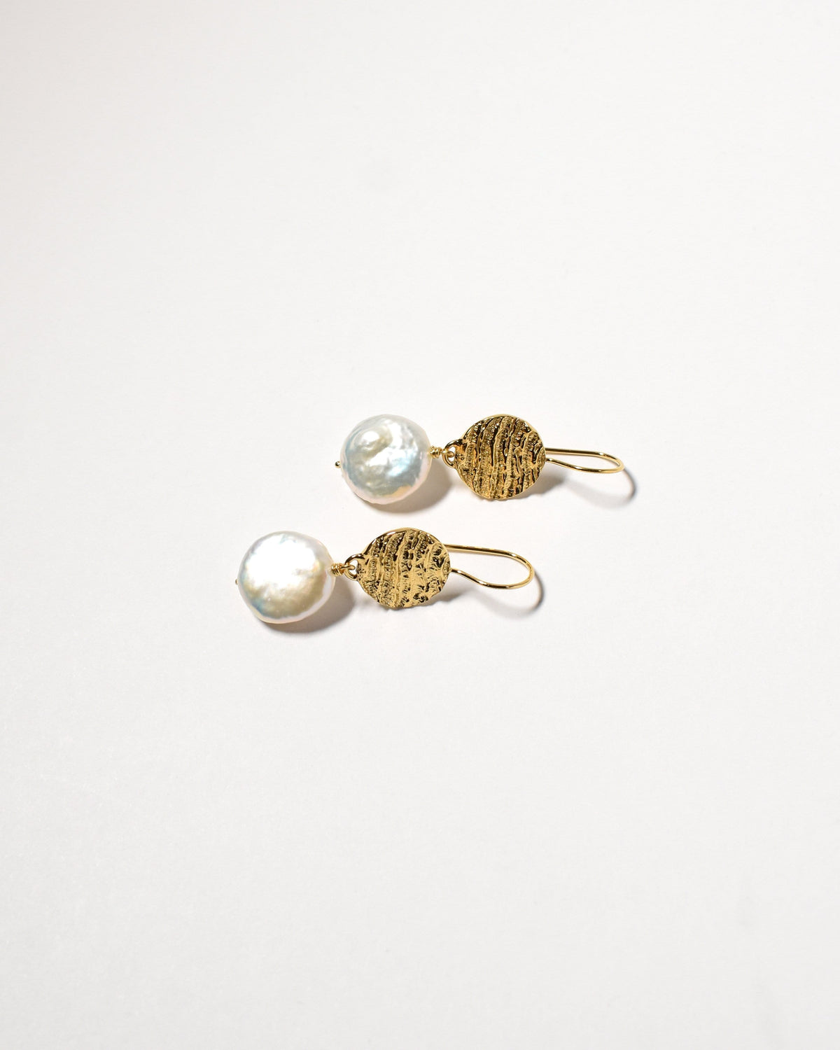 Coin Pearl Earrings, Yellow Gold Plated