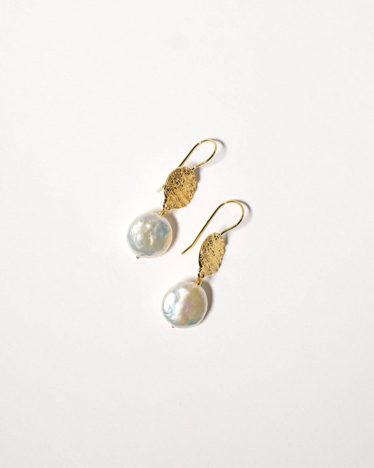 Coin Pearl Earrings, Yellow Gold Plated